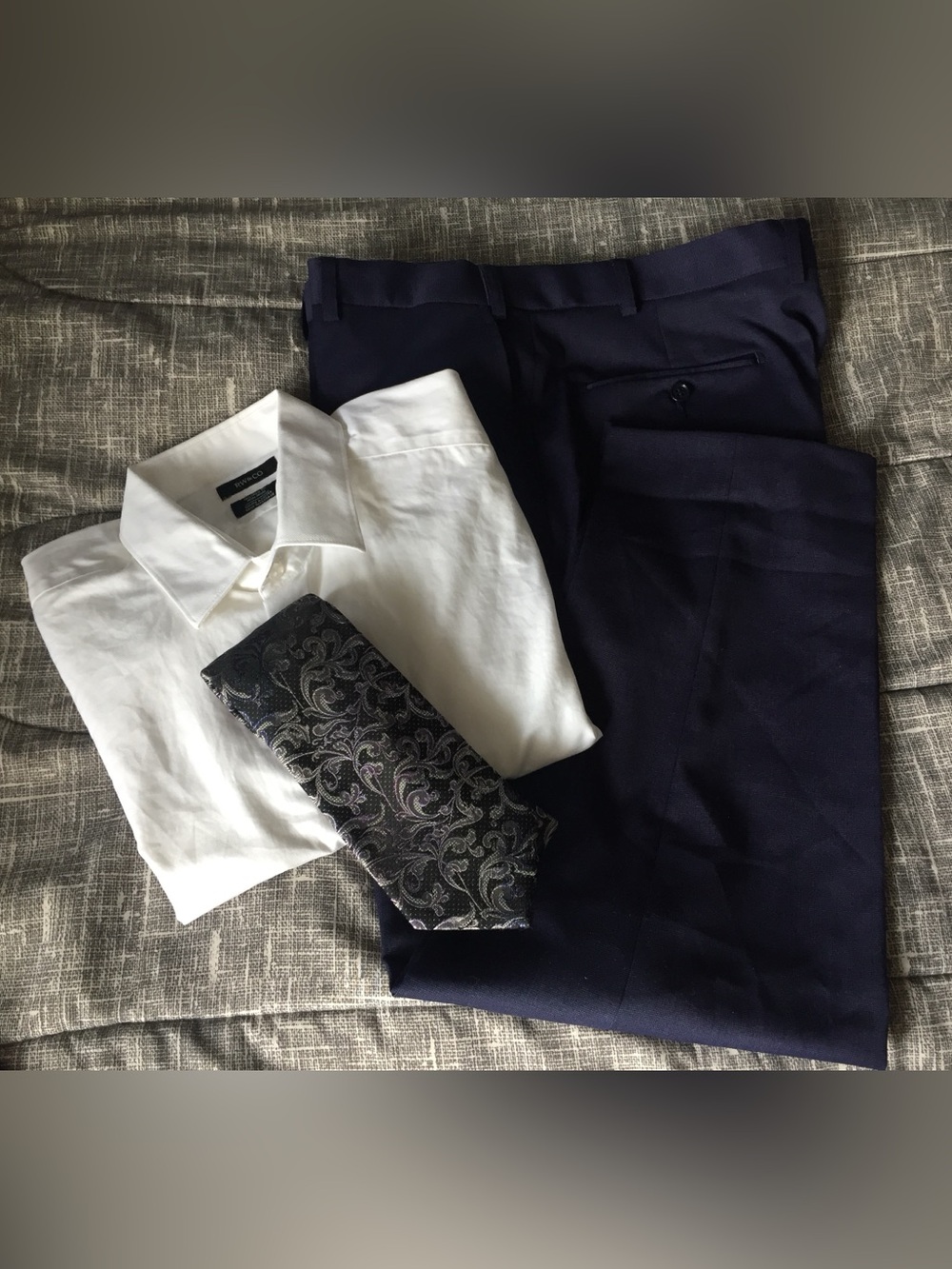 Hechter Blue flat front Dress Pants, RW&Co dress shirt, Signature Carrington Tie